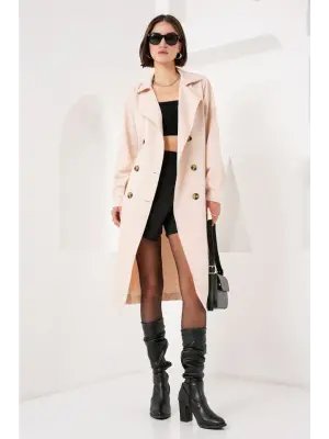 5853 Kruvaze Yaka Trençkot - Bej