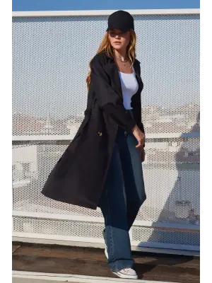 5853 Kruvaze Yaka Trençkot - Siyah