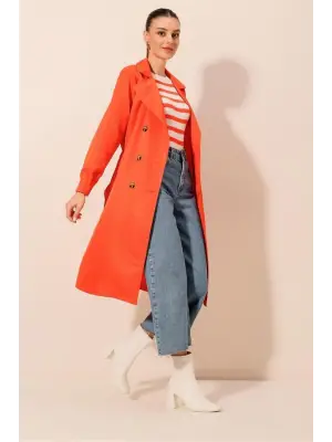 5853 Kruvaze Yaka Trençkot - Turuncu