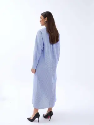 Omarı Mavi Beyaz Çizgili Özel Tasarım Elbise