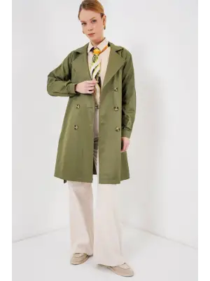 5864 Kruvaze Yaka Kısa Trençkot - Haki