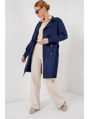 5864 Kruvaze Yaka Kısa Trençkot - Lacivert