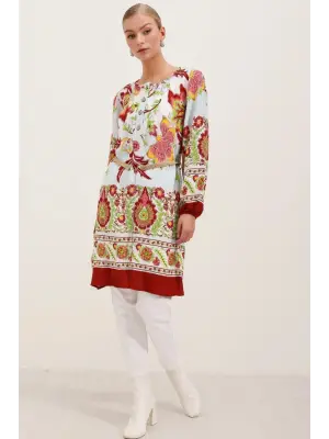 5902 Kemerli Desenli Elbise - Bordo