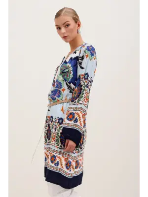 5902 Kemerli Desenli Elbise - Lacivert