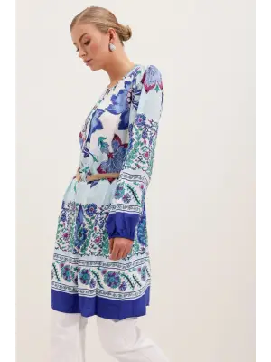 5902 Kemerli Desenli Elbise - Saks