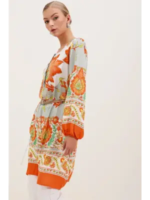 5902 Kemerli Desenli Elbise - Turuncu