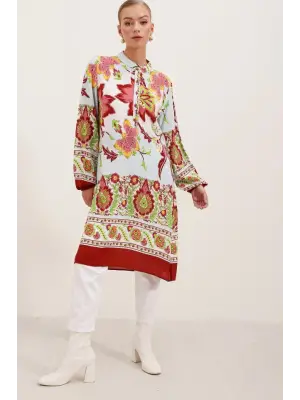 5903 Desenli Viskon Elbise - Bordo