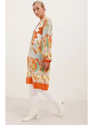 5903 Desenli Viskon Elbise - Turuncu