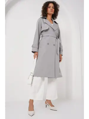 5918 Kruvaze Yaka Trençkot - Gri