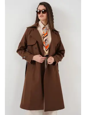 5918 Kruvaze Yaka Trençkot - Kahverengi