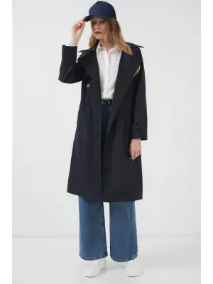 5918 Kruvaze Yaka Trençkot - Lacivert