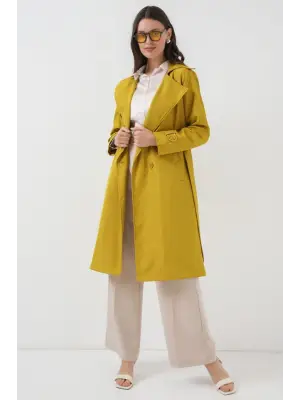 5918 Kruvaze Yaka Trençkot - Yağ Yeşil