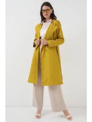 5918 Kruvaze Yaka Trençkot - Yağ Yeşil