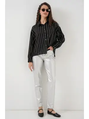 Siyah Gümüş Çizgili Gömlek Kadın Giyim