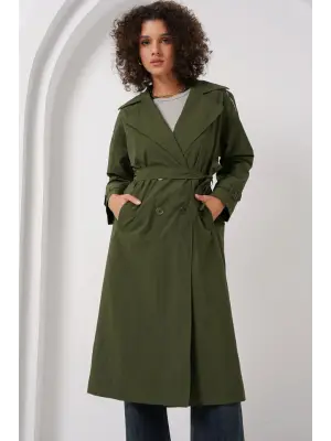 5936 Kruvaze Yaka Trençkot - Haki