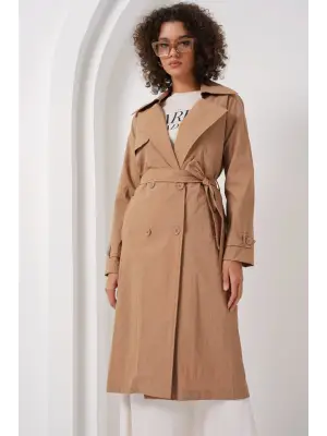 5938 Kruvaze Yaka Trençkot - Camel