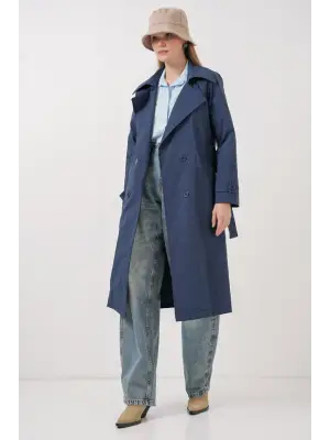 5938 Kruvaze Yaka Trençkot - Lacivert