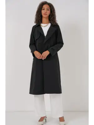 5938 Kruvaze Yaka Trençkot - Siyah