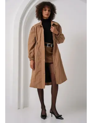 5939 Astarlı Uzun Trençkot - Camel
