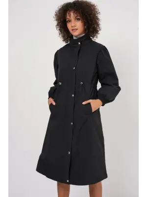 5939 Astarlı Uzun Trençkot - Siyah