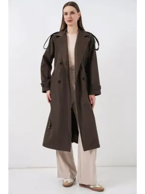 5941 Kruvaze Yaka Uzun Trençkot - Kahverengi