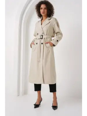 5941 Kruvaze Yaka Uzun Trençkot - Taş