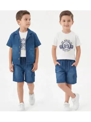 6/10 Yaş Denim Gömlek Şortlu 3lü Çocuk Takımı