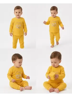 6/24 Ay Baskılı Waffle Kumaş Bebek Takımı