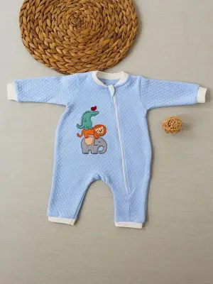 Enerjik Animal Nakışlı Fermuarlı Bebek Tulumu Mavi
