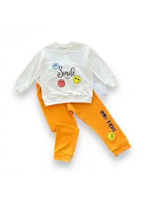 Modern Bebek Takımı Emoji Baskılı Penye Kumaş Turuncu