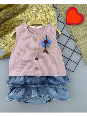 Asil Detaylı Kot Kilotlu Etek Kız Bebek Elbisesi