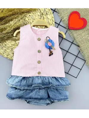 Zarif Detaylı Kot Kilotlu Etek Bebek Elbisesi