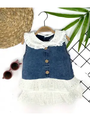 Göz Alıcı Güpür Detaylı Kot Kız Bebek Elbisesi Mavi