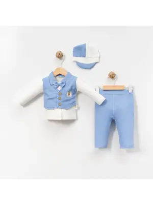 6-9-12-18 Ay Yelek Detaylı Kasketli Uzun Kollu Mevsimlik 3 Lü Erkek Takımı