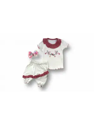 Çiçek Nakışlı Bandanalı Kısa Kollu Bebek Takımı