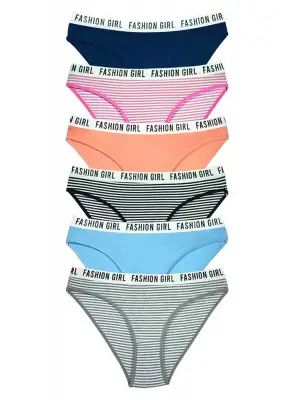 6 Adet Beli Yazılı Lastik Pamuk Kadın Külot