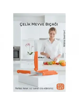 6lı Premium Paslanmaz Çelik Meyve Bıçağı Seti - Turuncu Saplı Keskin Soyma Bıçağı Takımı