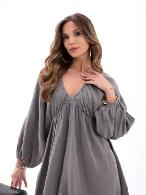 Omarı Gri Uzun Kollu Dantel Detaylı Elbise