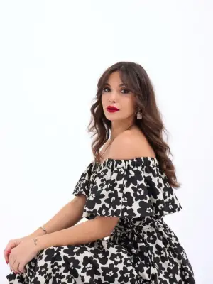 Omarı Etnik Desenli Midi Elbise