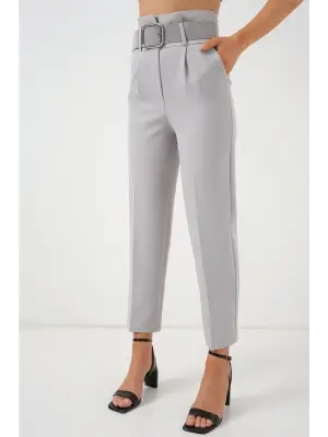 6556 Kemerli Kumaş Pantolon - Gri
