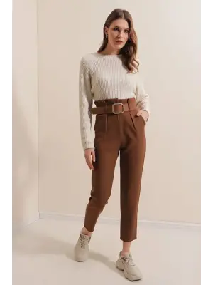 6556 Kemerli Kumaş Pantolon - Kahverengi