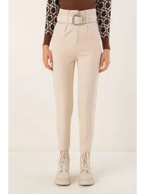 6556 Kemerli Kumaş Pantolon - Krem