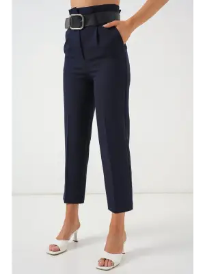 6556 Kemerli Kumaş Pantolon - Lacivert