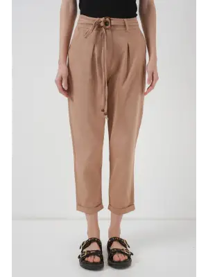 6660 Kemerli Keten Pantolon - Bisküvi