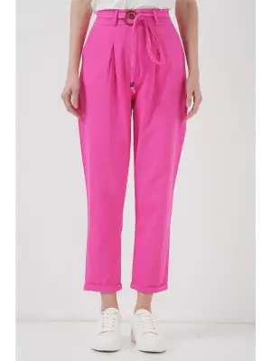 6660 Kemerli Keten Pantolon - Fuşya