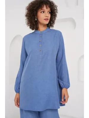 6678 Keten Tunik Pantolon İkili Takım - İndigo