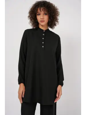 6678 Keten Tunik Pantolon İkili Takım - Siyah