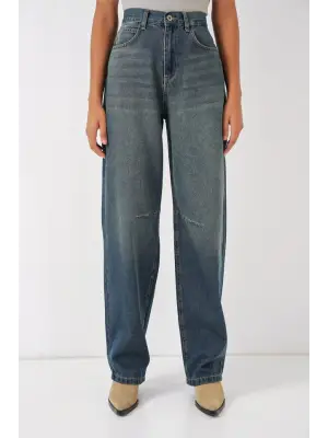 6689 Yüksek Bel Baggy Kot Pantolon - İndigo