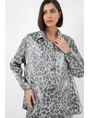 6699 Leopar Desenli Alt Üst Takım - Gri