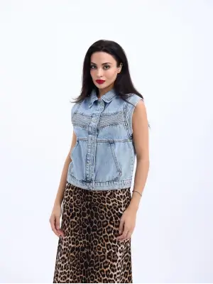 Omarı İnce Dokulu Mavi Kot Yelek